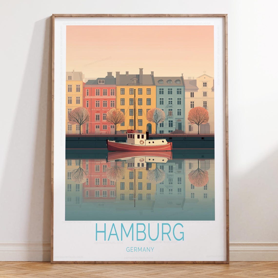 Hamburg Germany Harbor Skyline Sunset Reflection Travel Poster