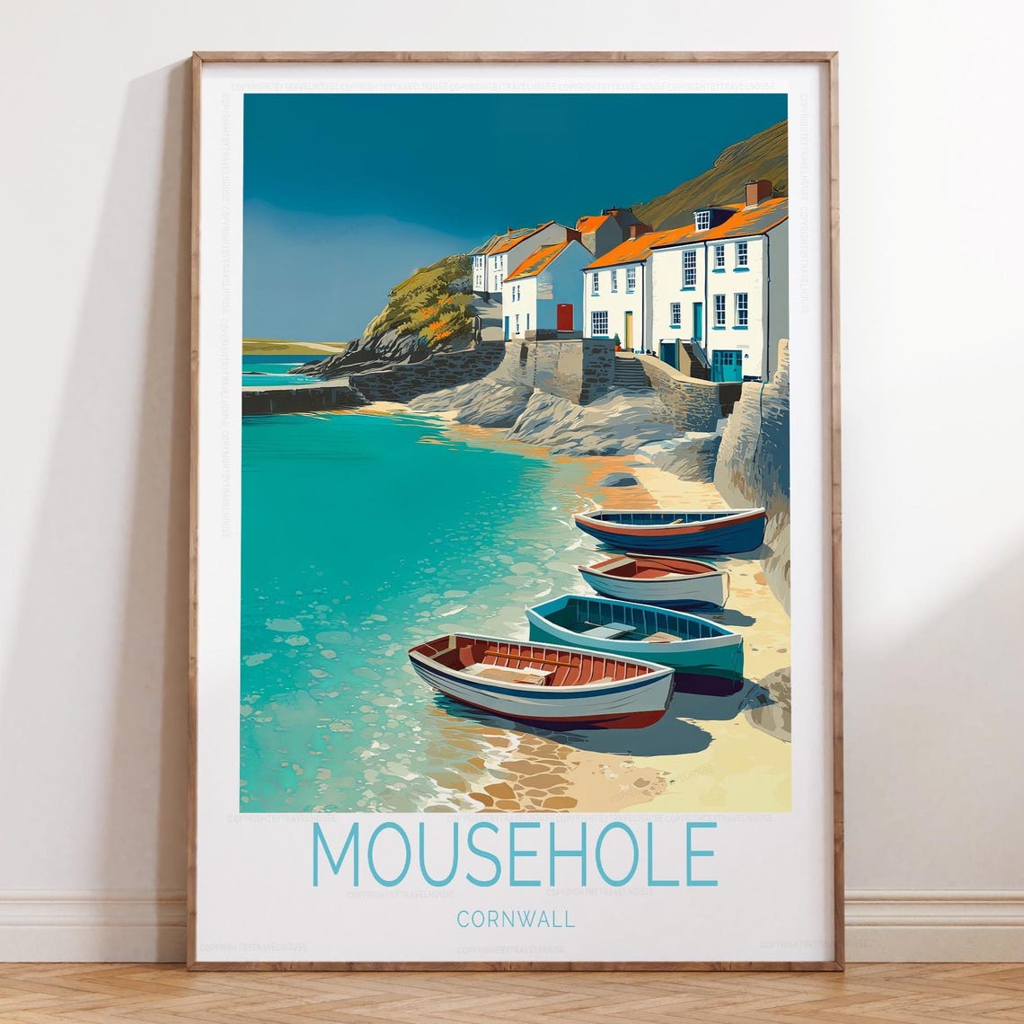 Retro Mousehole Cornwall Fishing Boats In Turquoise Harbor Poster