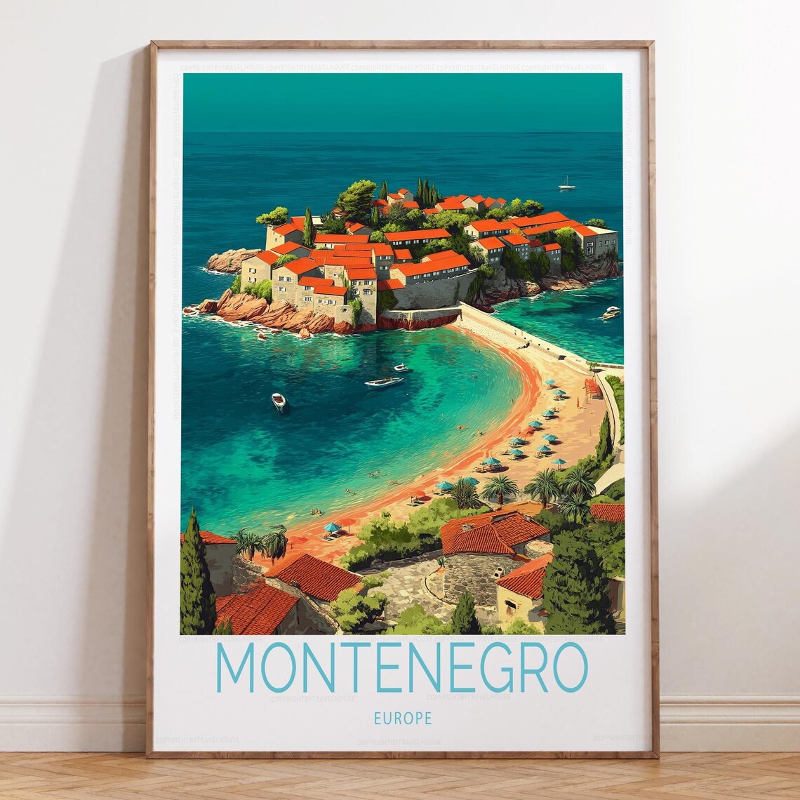Montenegro Sveti Stefan Aerial Coast Adriatic Travel Poster Art