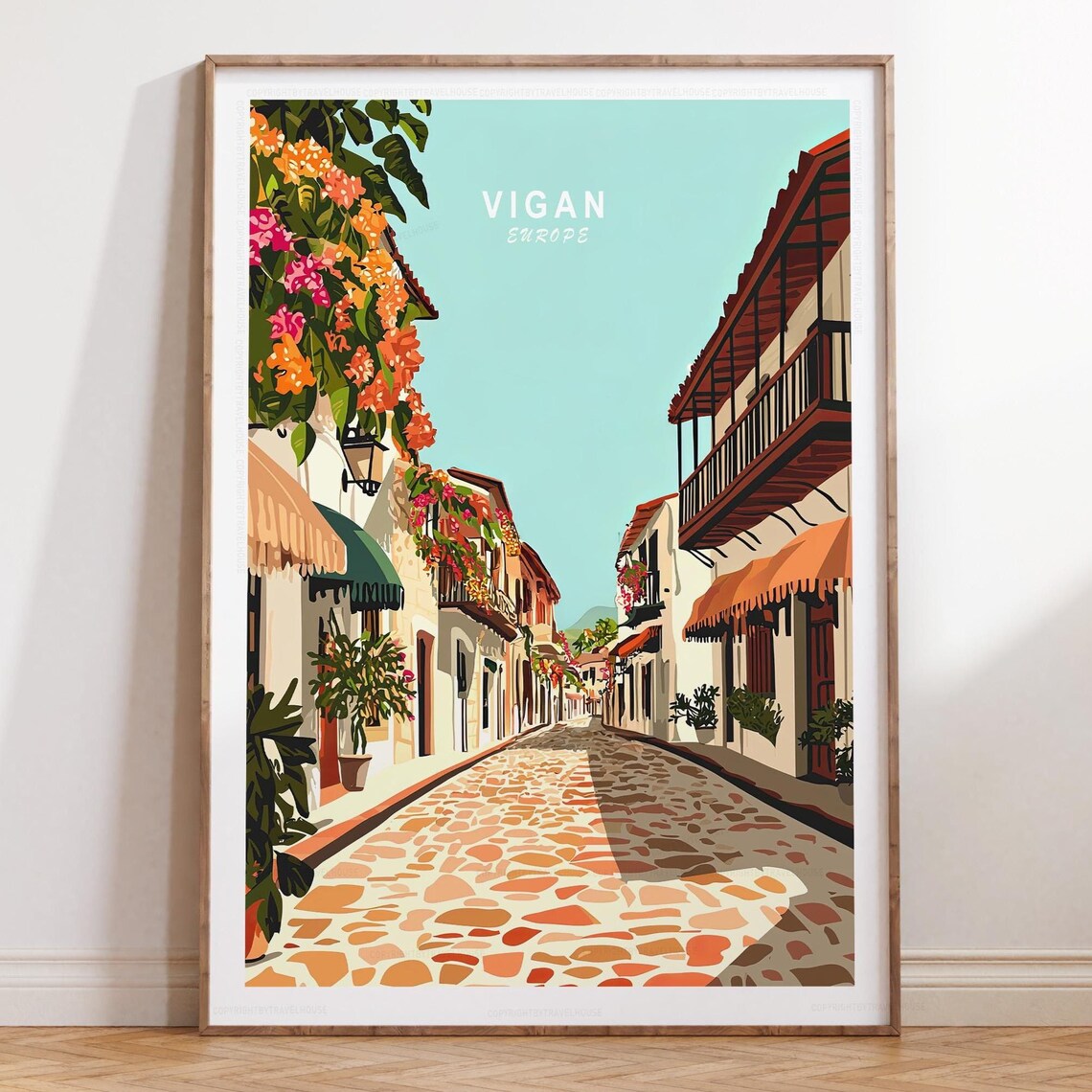 Vigan Colonial Street With Pink Flowers Labeled Europe Retro Travel Poster