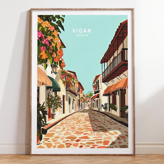 Vigan Colonial Street With Pink Flowers Labeled Europe Retro Travel Poster