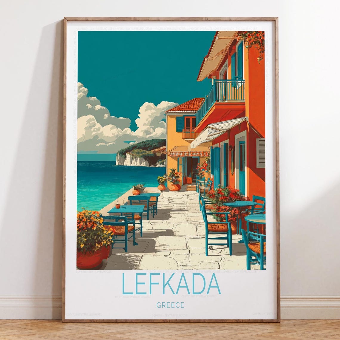 Lefkada Greece Cliffside Tavernas Turquoise Sea Travel Poster