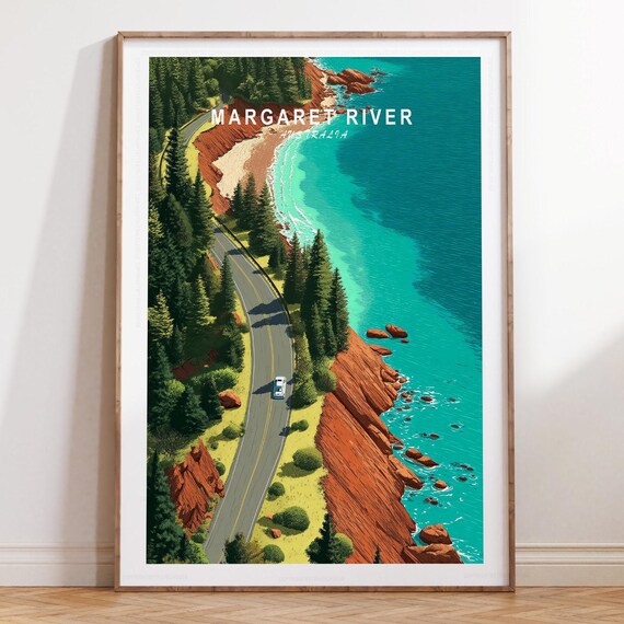 Margaret River Australia Coastal Road Red Cliffs Teal Ocean Travel Poster