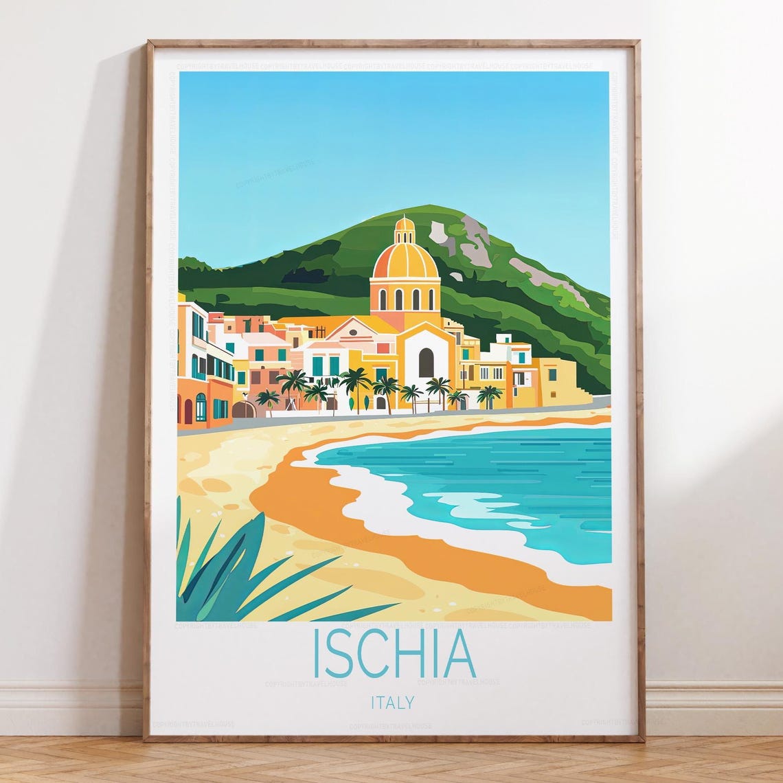 Ischia Italy Golden Dome Church Volcano Seaside Town Travel Poster