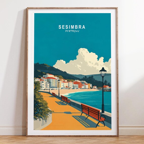 Sesimbra Portugal Seaside Promenade Town Bay Vintage Ocean Travel Poster