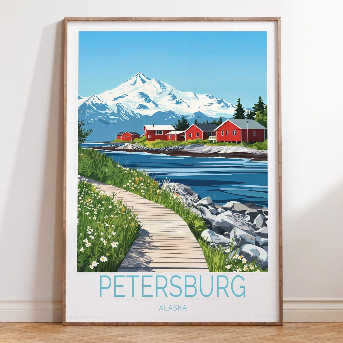 Petersburg Alaska Travel Poster Red Cabins And Snowy Mountain