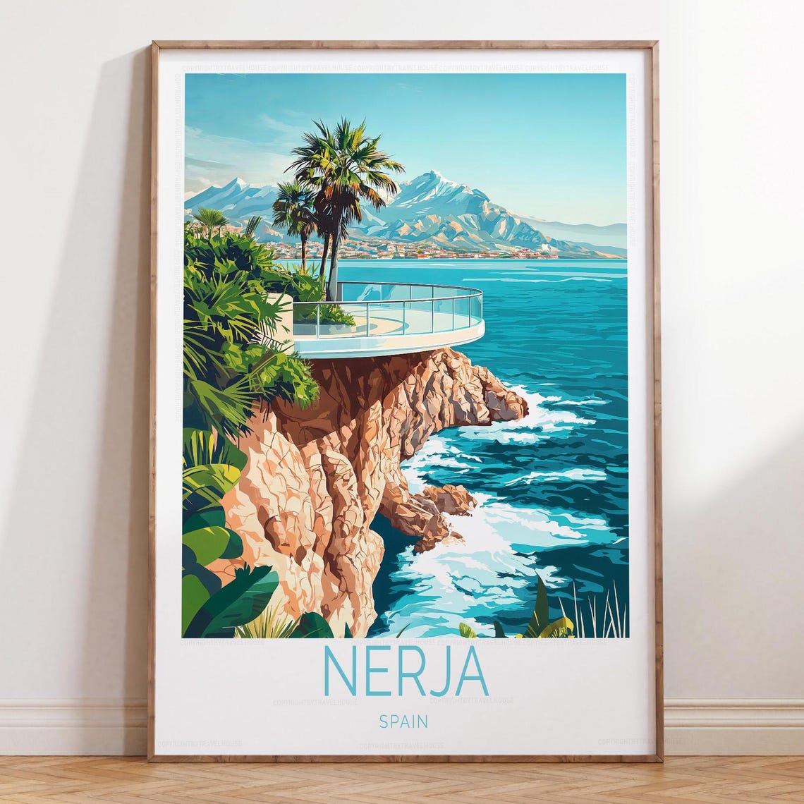 Nerja Spain Travel Poster Featuring Cliffside Palms and Turquoise Sea