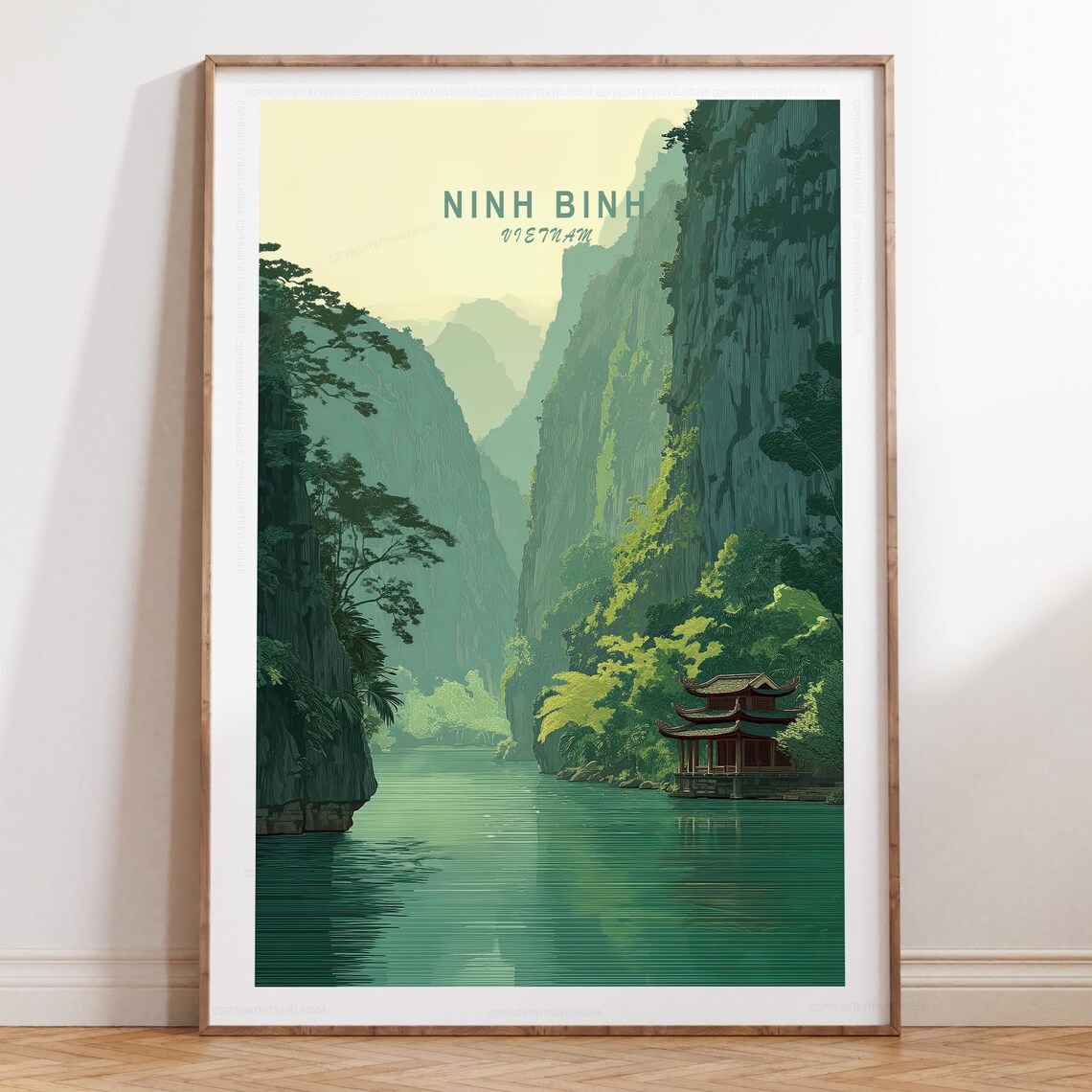 Ninh Binh Vietnam Green Gorge River Pagoda Vintage Travel Poster