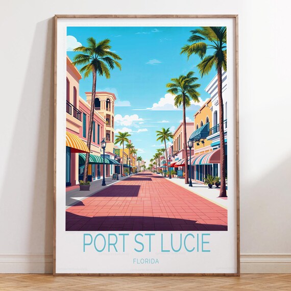 Sunny Port St Lucie Florida Palm Street Vintage Travel Poster