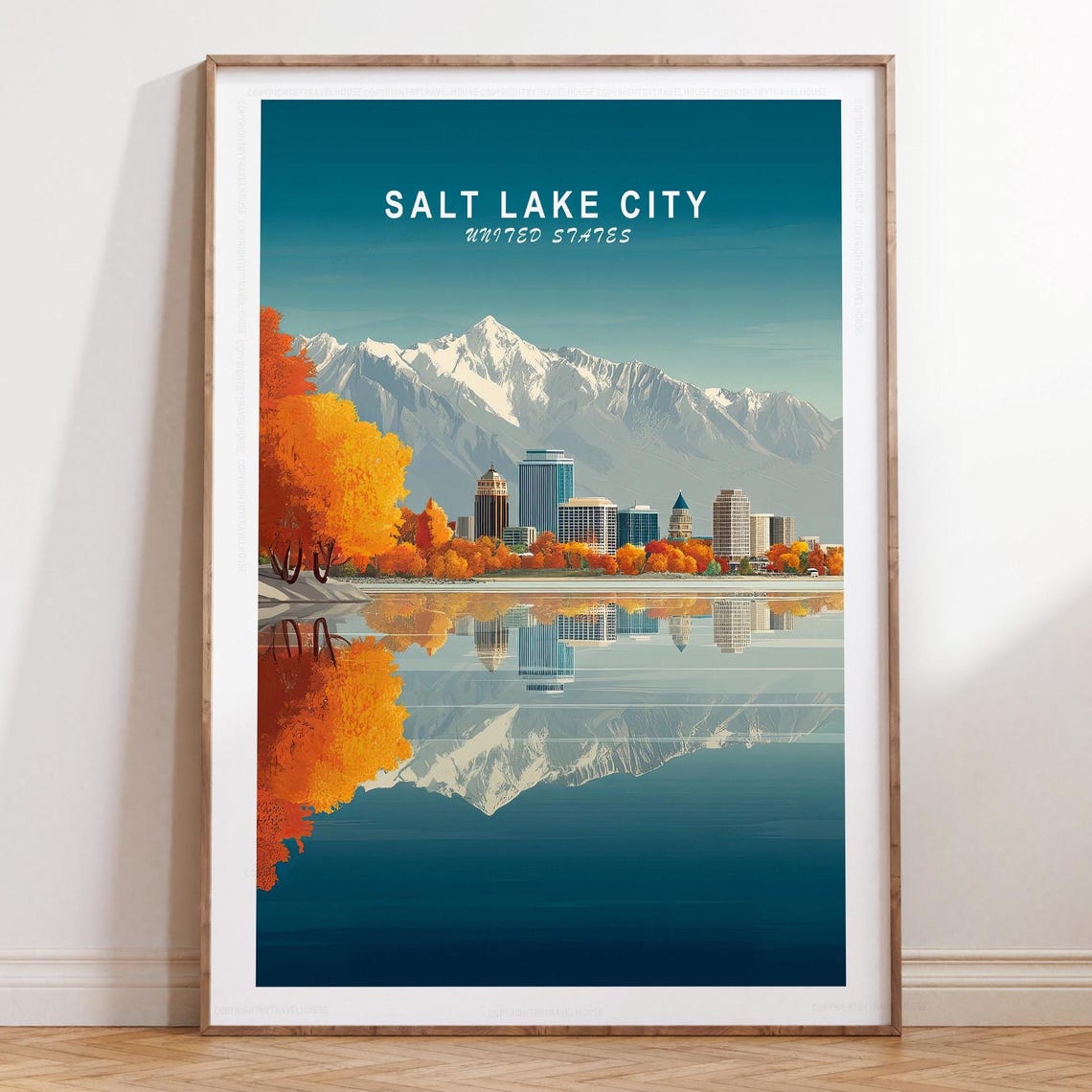 Salt Lake City Utah Autumn Skyline Mountain Reflection Travel Poster