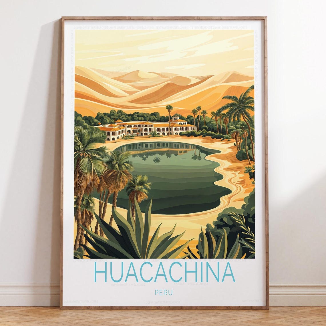 Huacachina Peru Desert Oasis Lagoon Palms Sunset Travel Poster