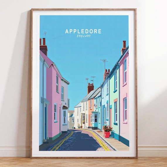Appledore England Sunny Harbor Street Scene Travel Poster in Pastels