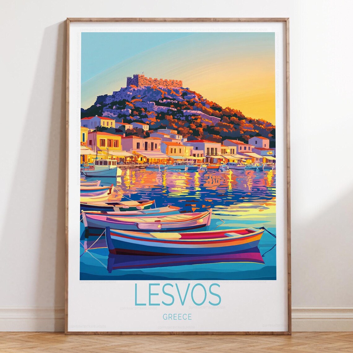 Lesvos Greece Harbor Sunset Fishing Boats Castle Hill Poster