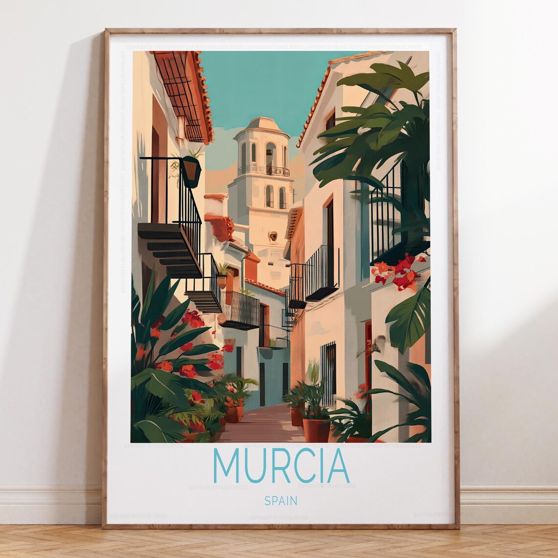 Murcia Spain Whitewashed Street Balconies Bell Tower Travel Poster