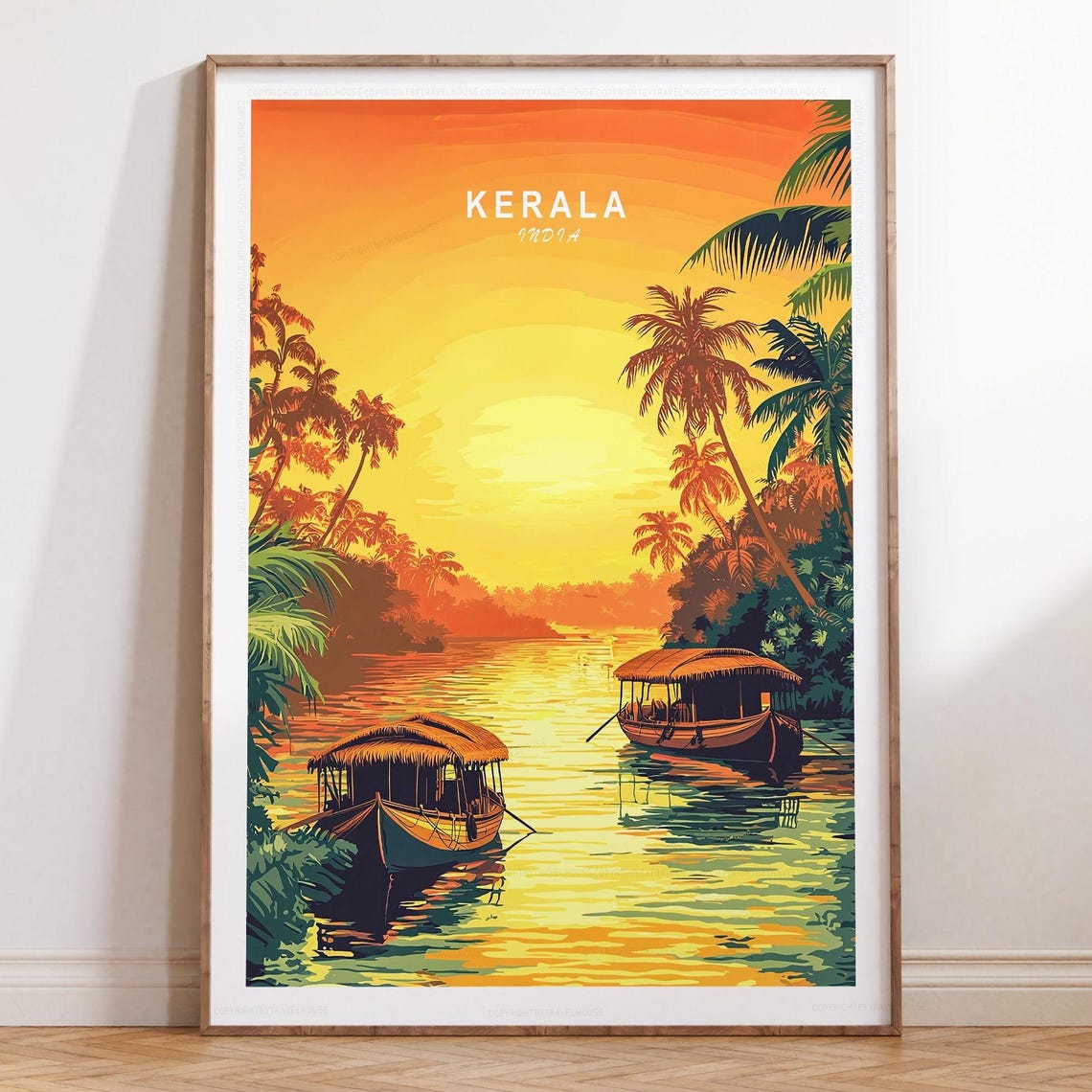 Kerala India Sunset Backwater Houseboat Palm Trees Travel Poster