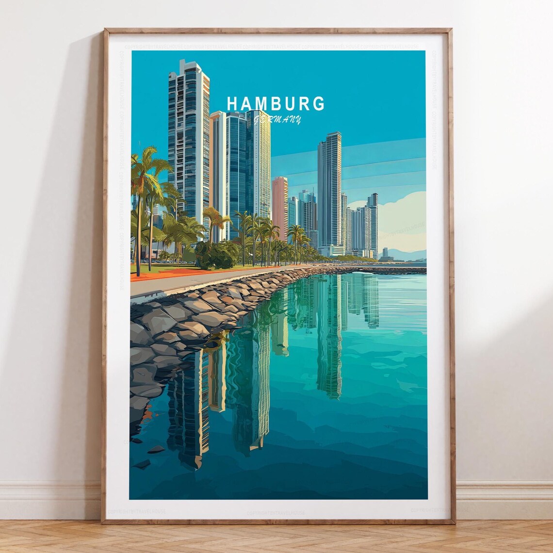 Hamburg Germany Waterfront Skyscrapers Palm Promenade Travel Poster