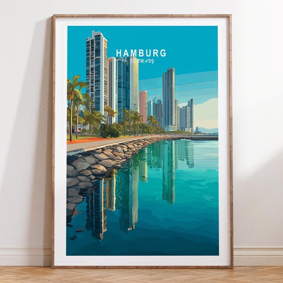 Hamburg Germany Waterfront Skyscrapers Palm Promenade Travel Poster