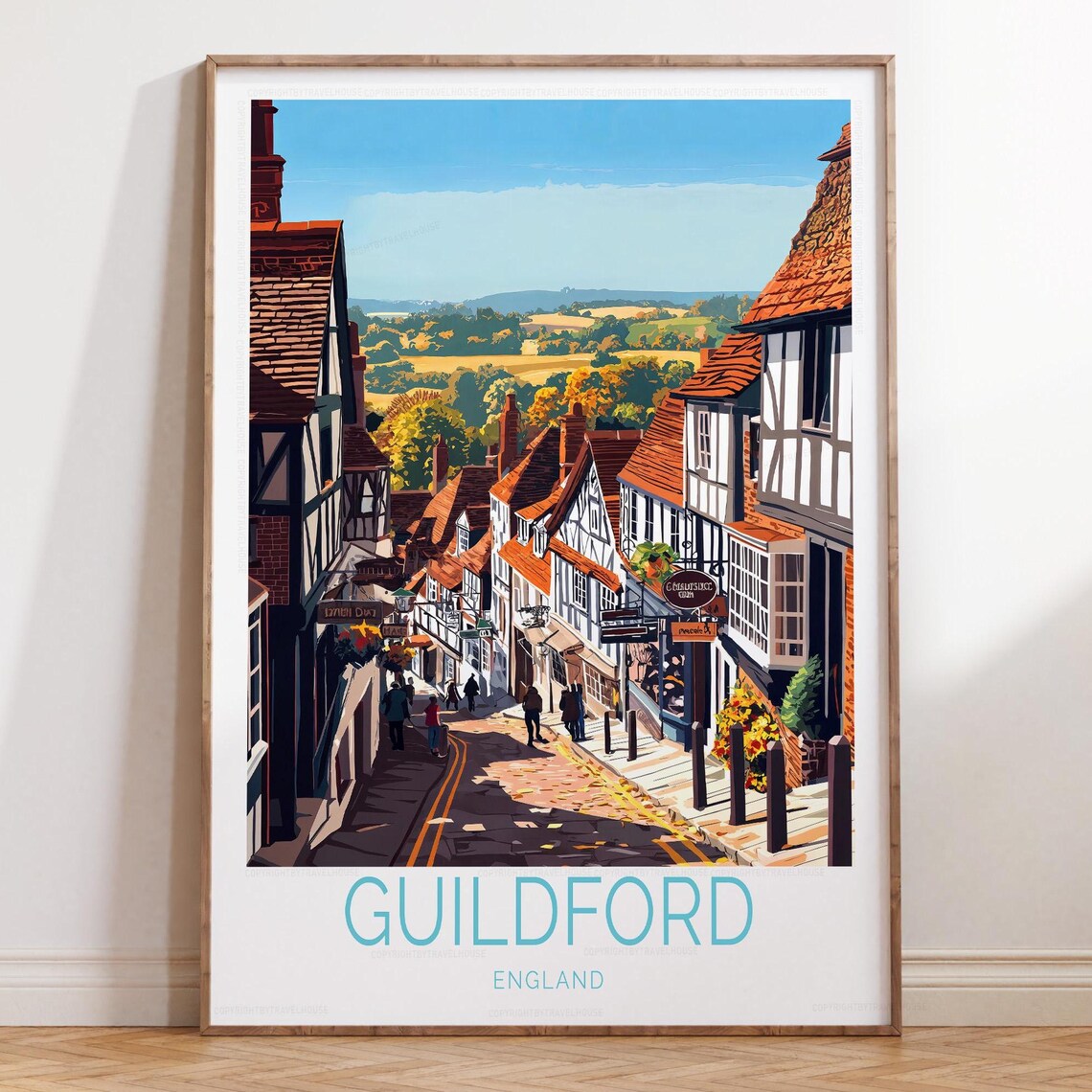 Guildford England Cobbled High Street Historic Town Travel Poster
