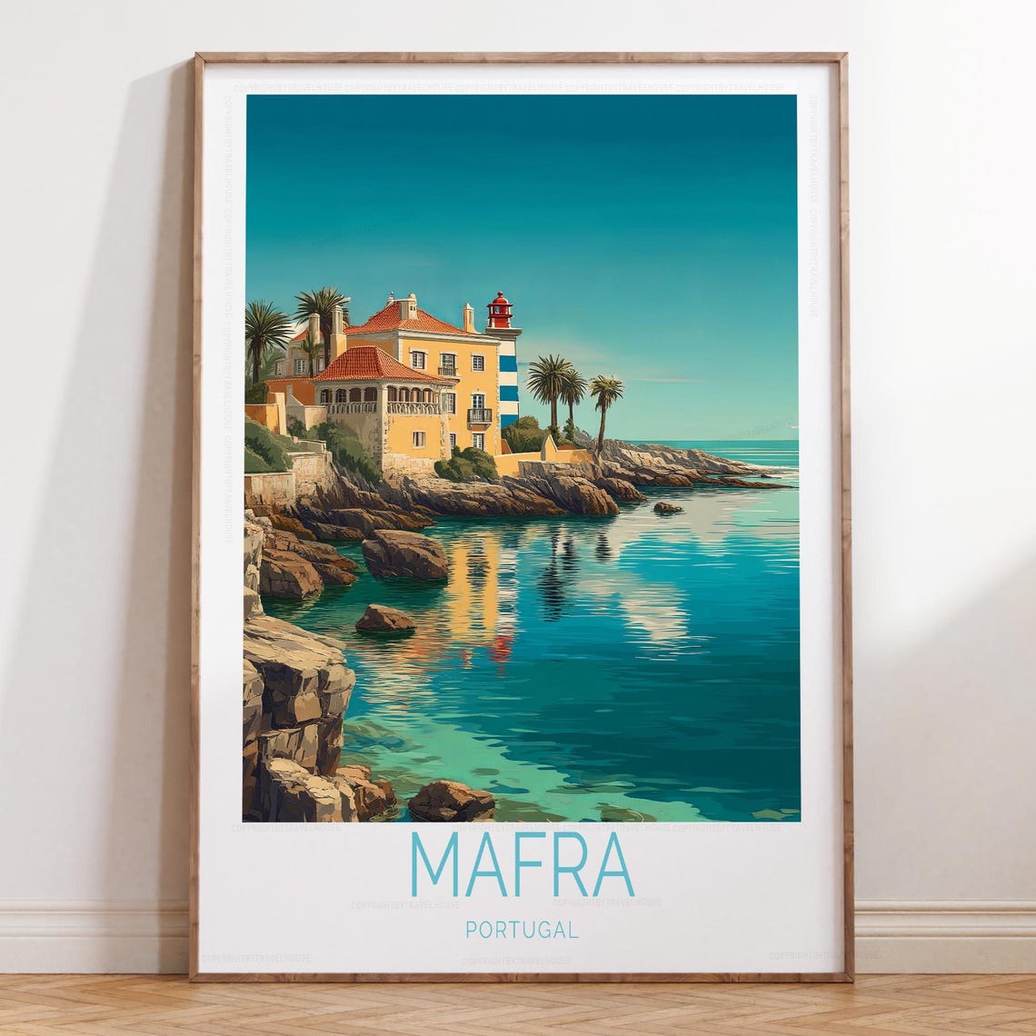 Mafra Portugal Lighthouse Villa Rocky Coast Sunset Travel Poster