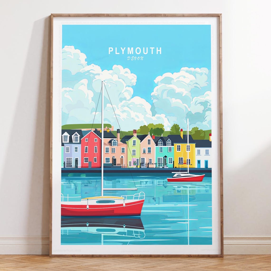 Plymouth Devon Pastel Harbor Sailboats Cloudy Sky Retro Travel Poster
