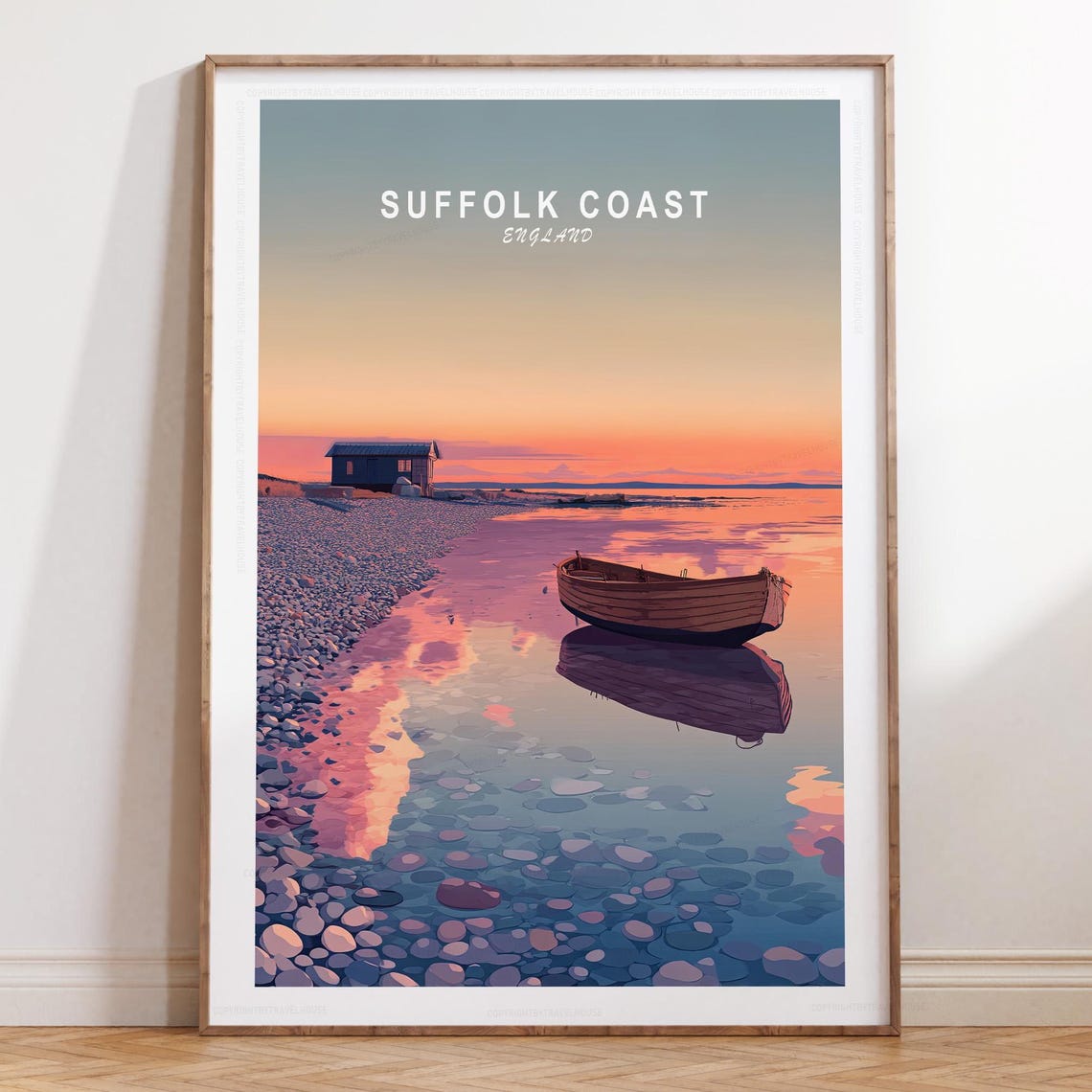 Suffolk Coast England Beached Boat Pink Sunset Travel Poster