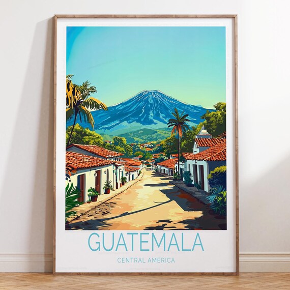 Guatemala Volcano Towering Over Colonial Village Street Poster