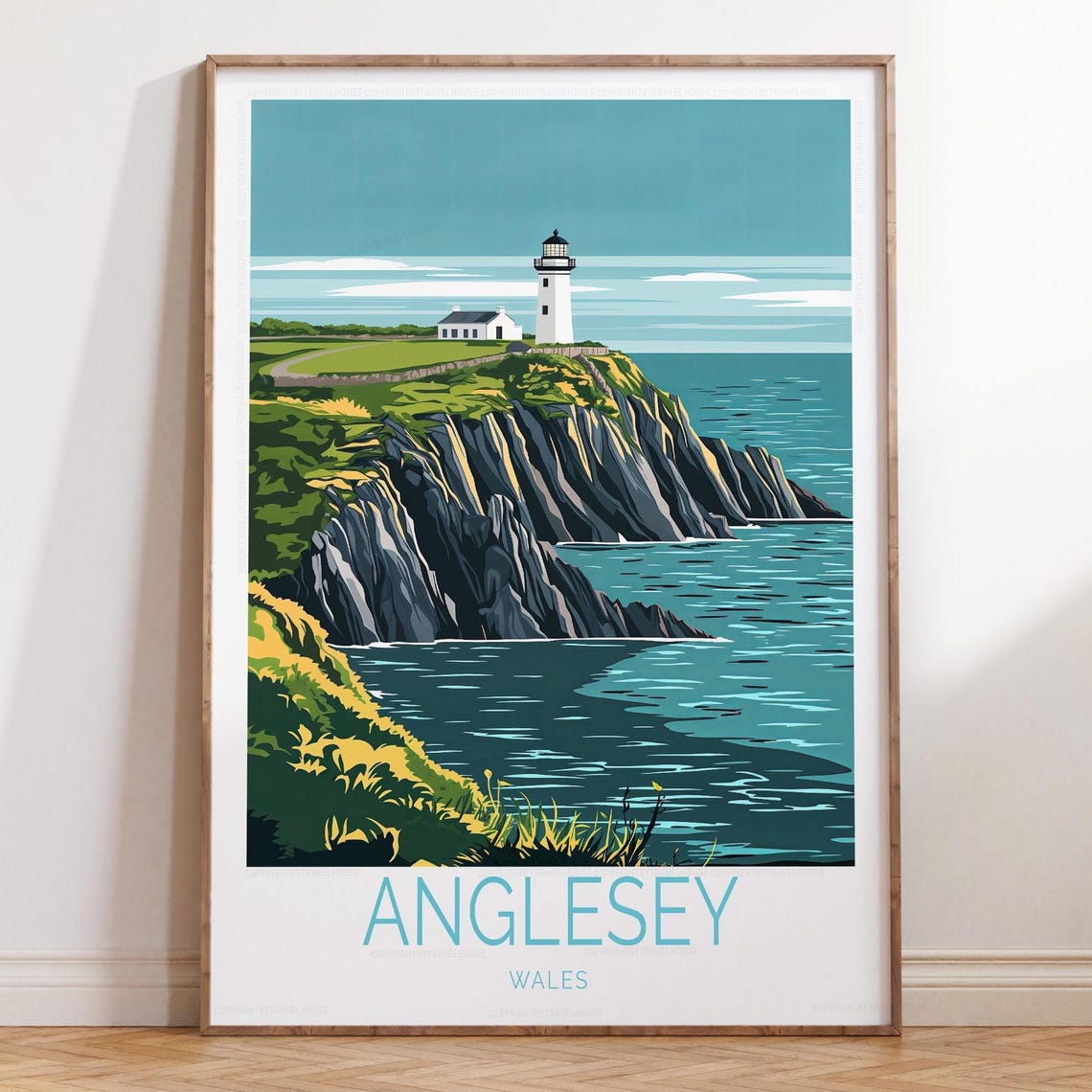 Anglesey Wales Lighthouse on Dramatic Sea Cliffs Travel Poster