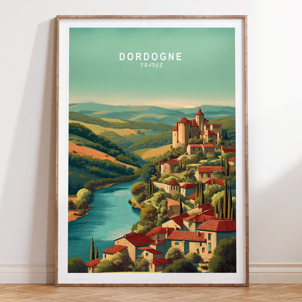 Dordogne France Hilltop Castle Village River Classic Travel Art Poster