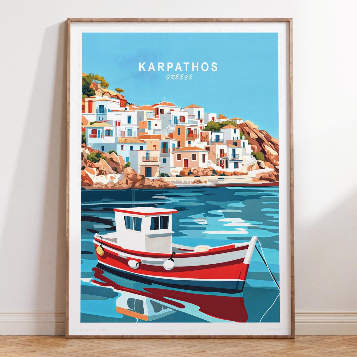 Karpathos Greece Red Fishing Boat Harbor Village View Poster