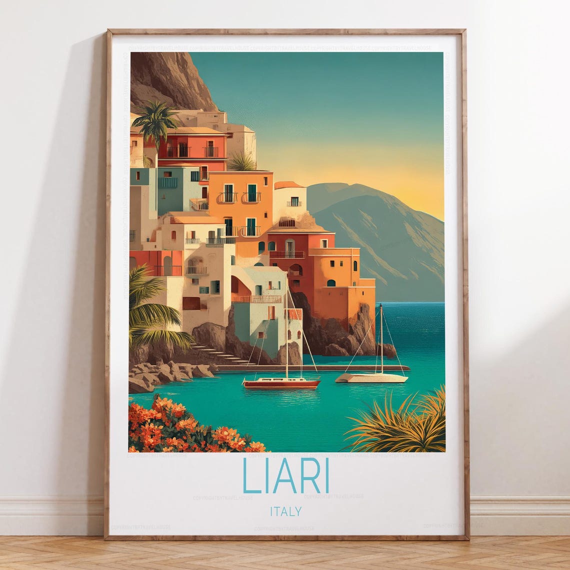 Liari Italy Sunset Harbor With Colorful Cliffside Houses Art Poster