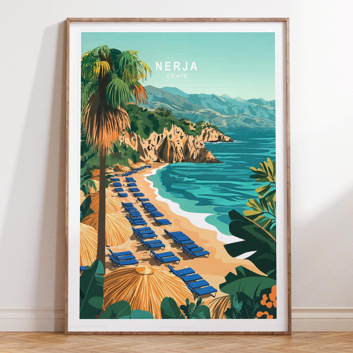 Nerja Spain Beach Loungers Under Cliffs Along Coast Travel Poster