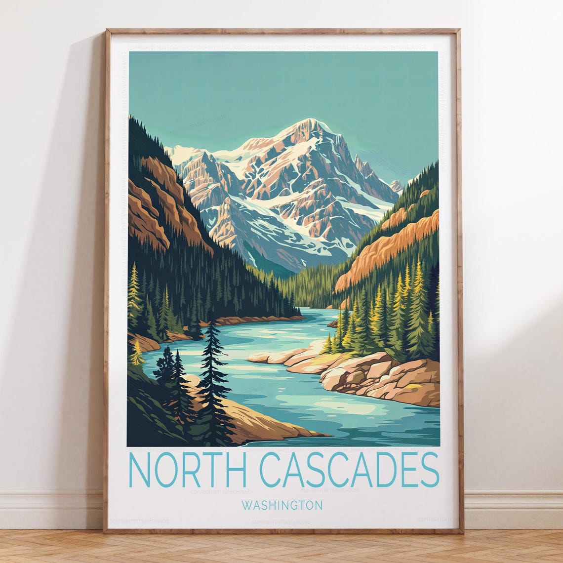North Cascades Washington Snowy Peaks And River Vintage Travel Poster