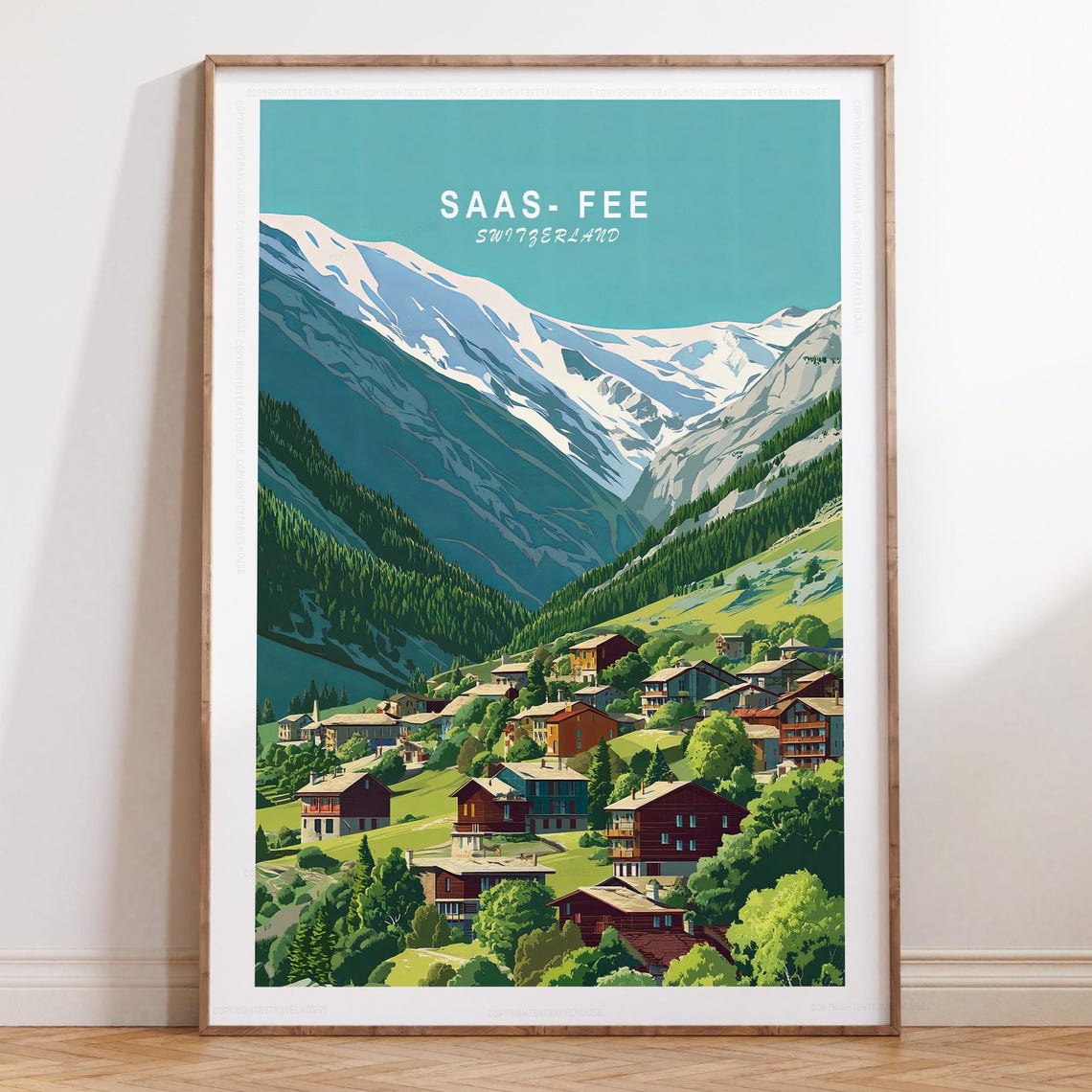 Saas Fee Switzerland Alpine Town Under Teal Sky Travel Poster
