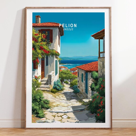 Pelion Greece Flowered Lane And Aegean Sea Vintage Style Poster