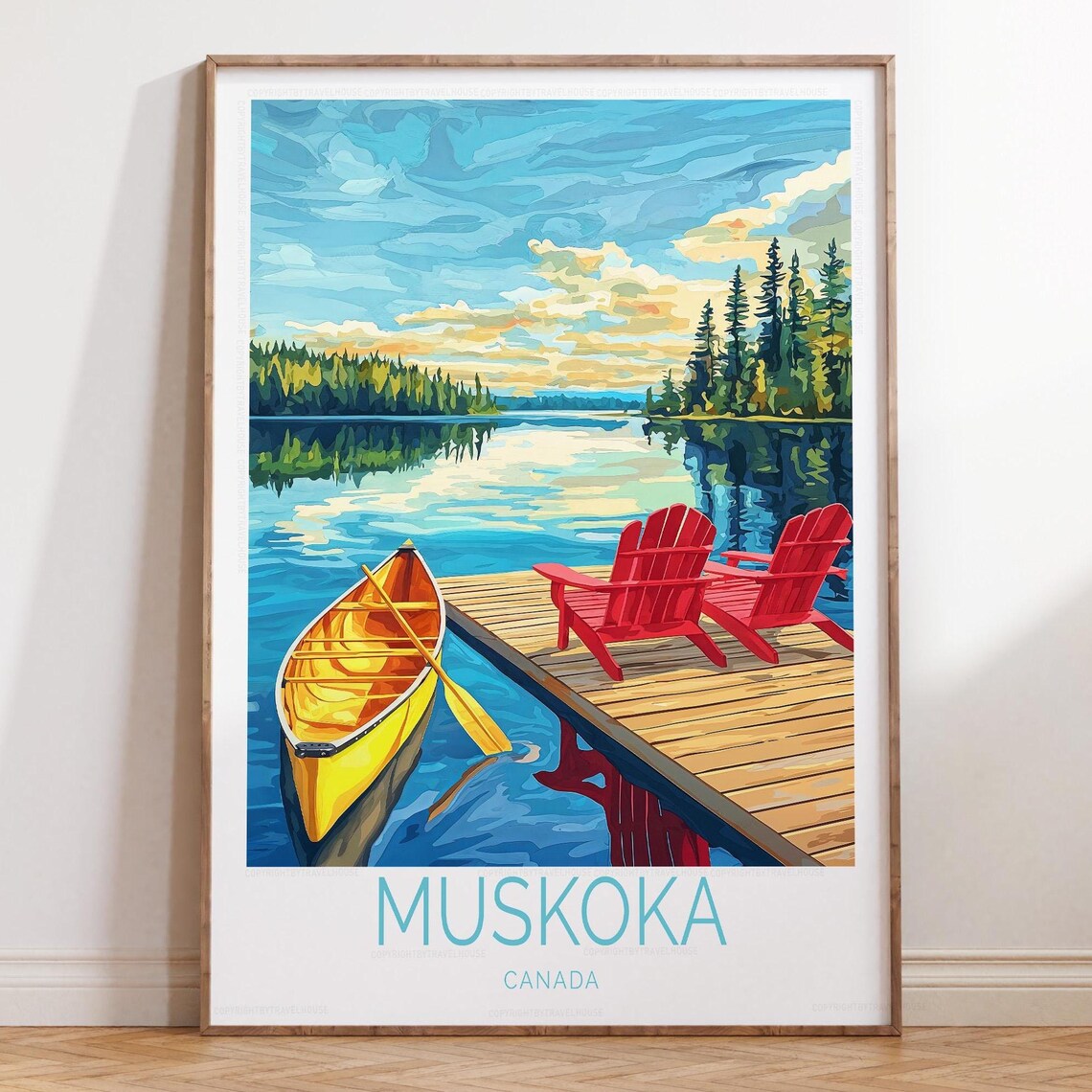 Muskoka Canada Lake Yellow Canoe Red Chairs Cottage Travel Poster