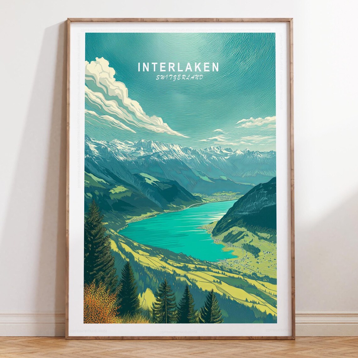 Interlaken Switzerland Turquoise Lake and the Alps Vintage Travel Poster