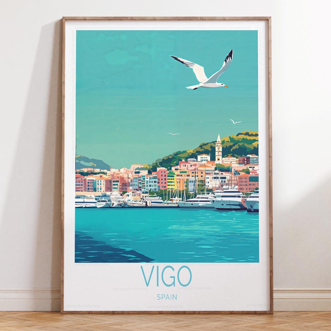 Vigo Harbour Marina Skyline with Seagull Spain Travel Poster
