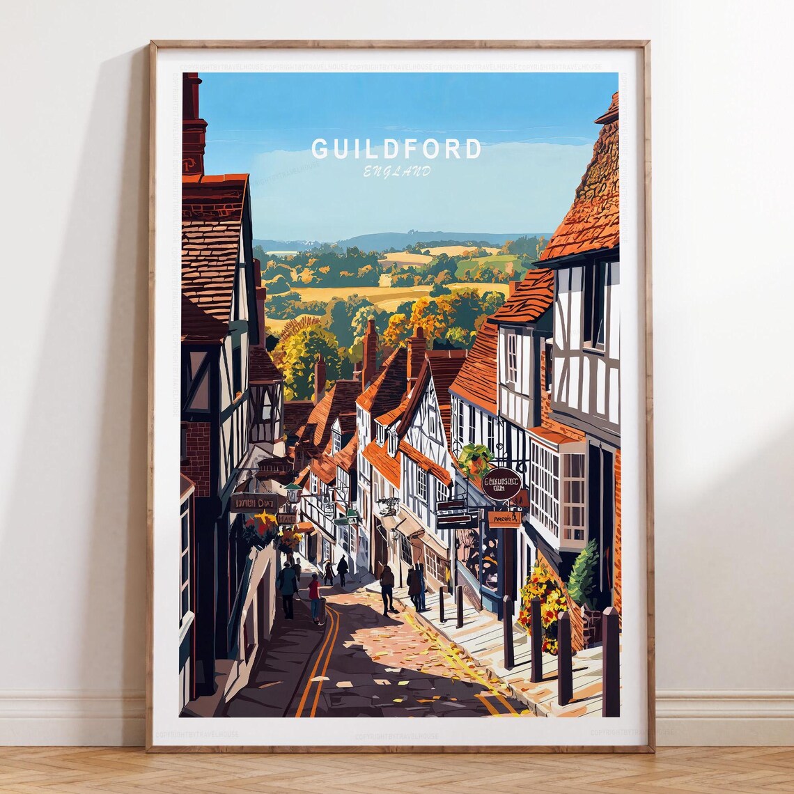 Guildford England Timbered Street Top Title Layout Travel Poster