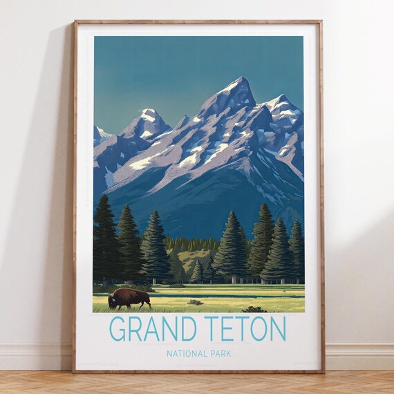 Grand Teton National Park Bison Bottom Title Classic Travel Poster