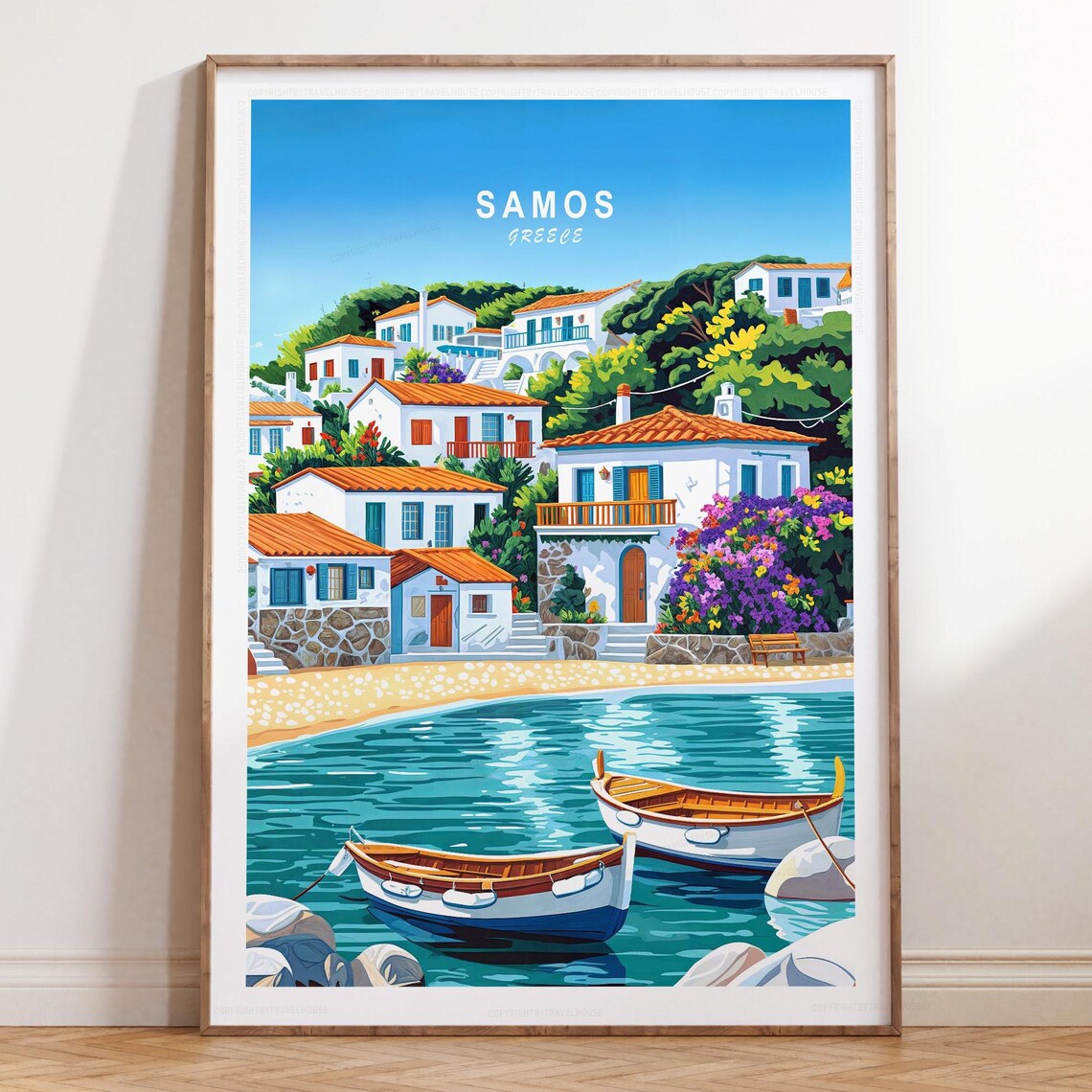 Samos Greece Turquoise Harbor Bougainvillea Village Travel Poster