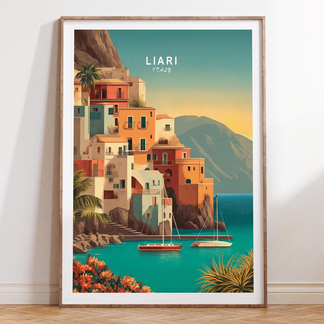 Liari Italy Sunset Over Cliffside Houses And Sailboats Art Poster