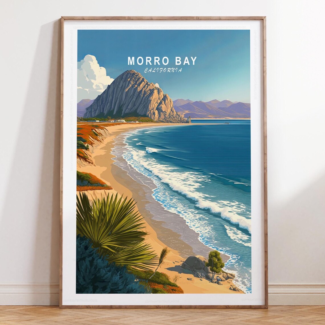 Morro Bay California Coastal Rock and Sandy Beach Travel Poster