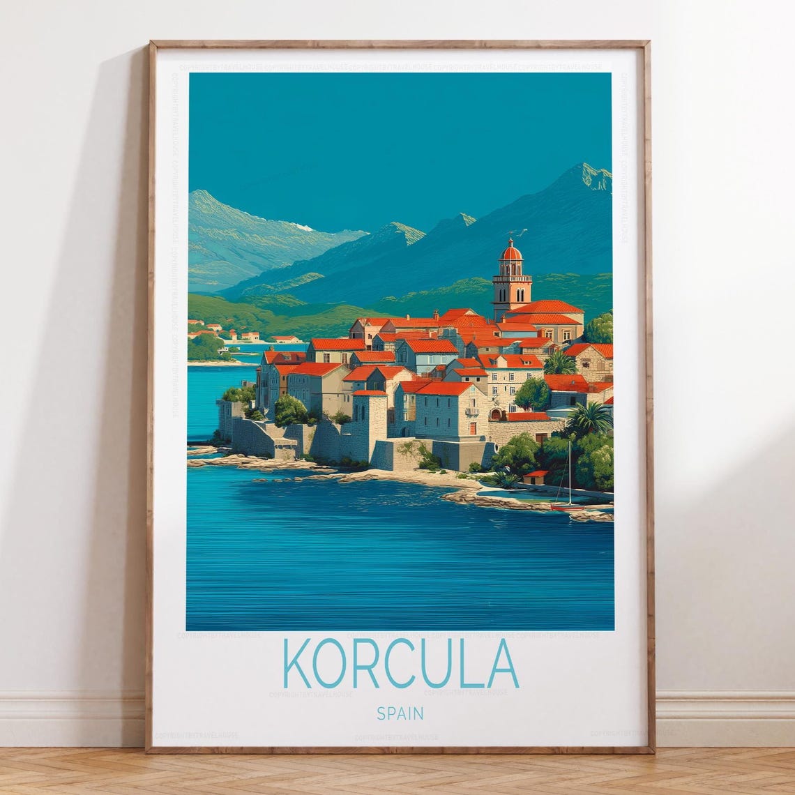 Korcula Harbor Town Bell Tower Red Roofs Turquoise Sea Poster
