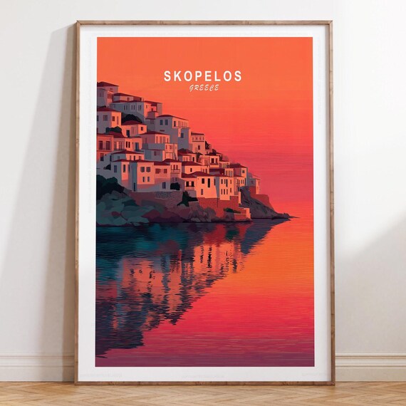 Skopelos Greece Sunset Town Travel Poster With Water Reflection Art