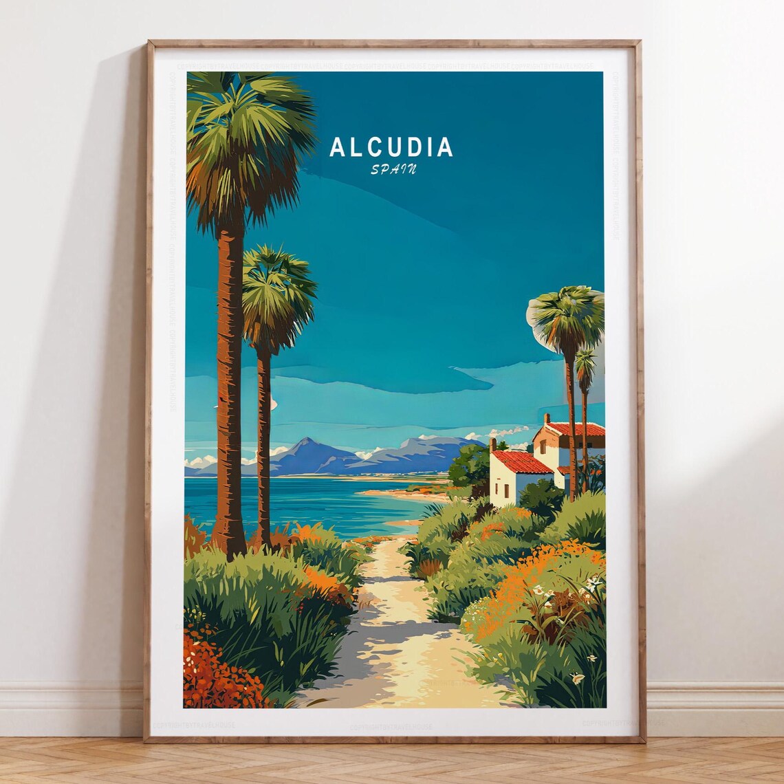 Alcudia Spain Turquoise Sea Palm Trees Vintage Style Travel Poster