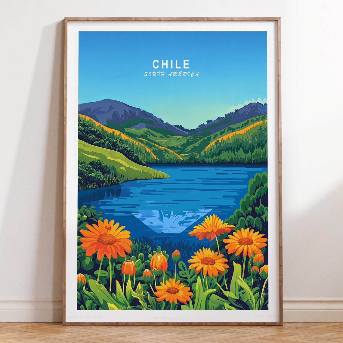 Chile Mountain Lake Valley Green Hills Orange Wildflower Travel Poster