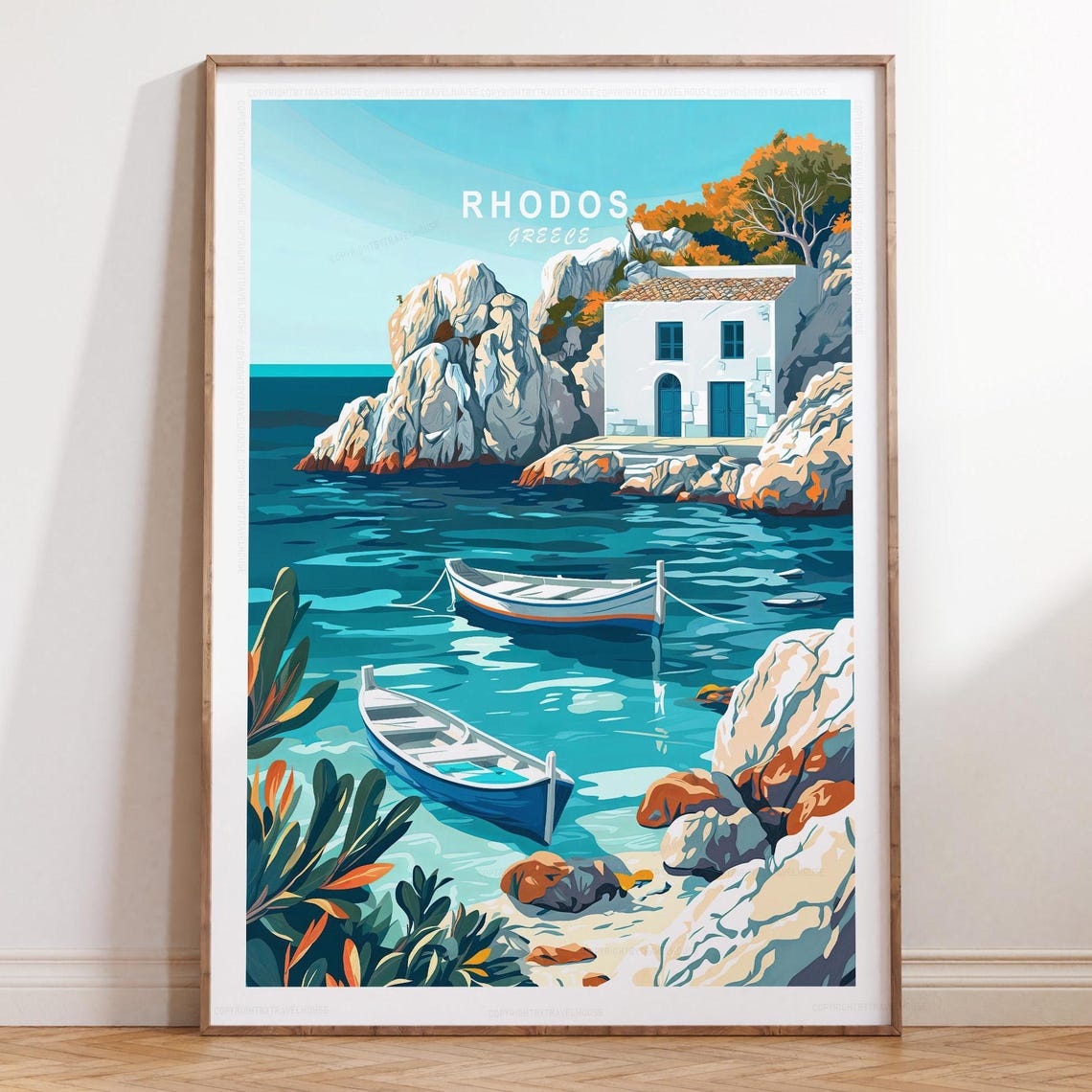 Rhodos Greece Azure Cove Rowboats White Chapel Cliffside Poster