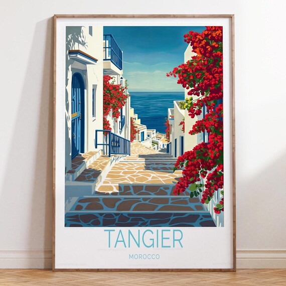 Tangier Morocco Bougainvillea Steps Blue Sea Travel Poster Bottom Title