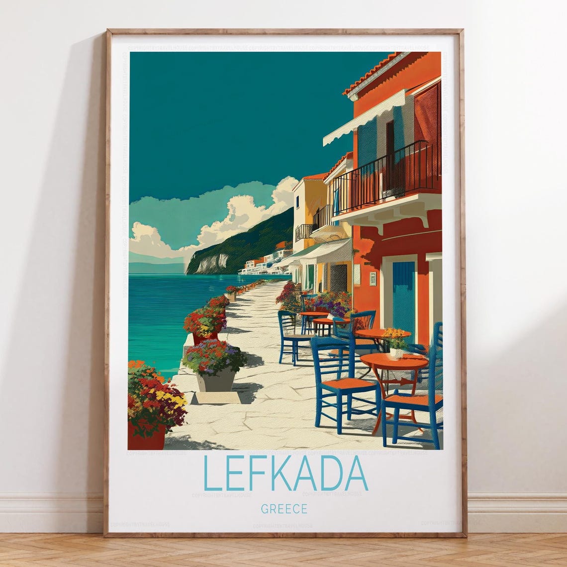 Lefkada Greece Seaside Promenade Cafes Waterfront Travel Poster