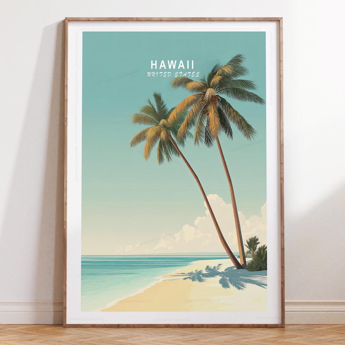 Hawaii Palm Trees White Sand Beach Minimalist Tropical Travel Poster
